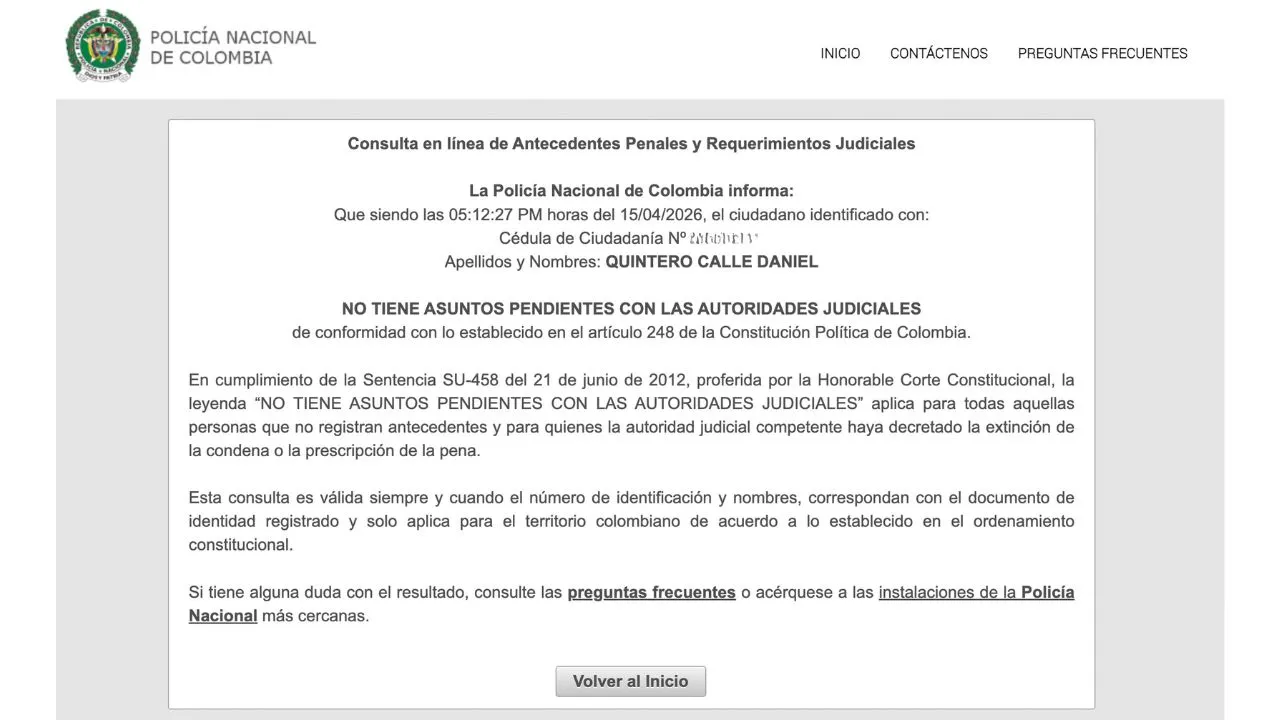 Consulta en línea de antecedentes penales y requerimientos judiciales de Daniel Quintero Calle